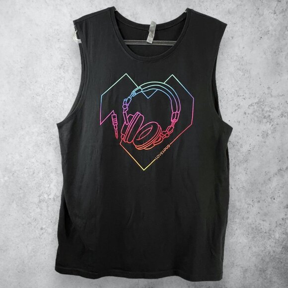 LoveLoud Unisex Tank Top with Headphones and Heart Rainbow Graphic - Picture 2 of 8